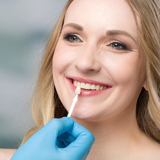 A dentist using a shade guide on a female patient’s smile