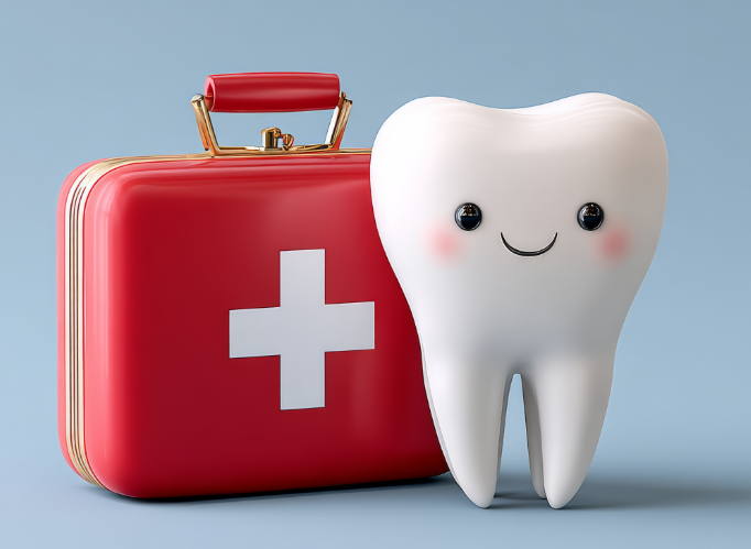 Cartoon tooth with first aid kit